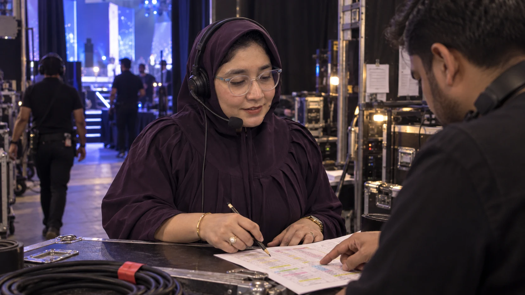 Editorial image of Zainab Murtaza reviewing a running order with a production colleague